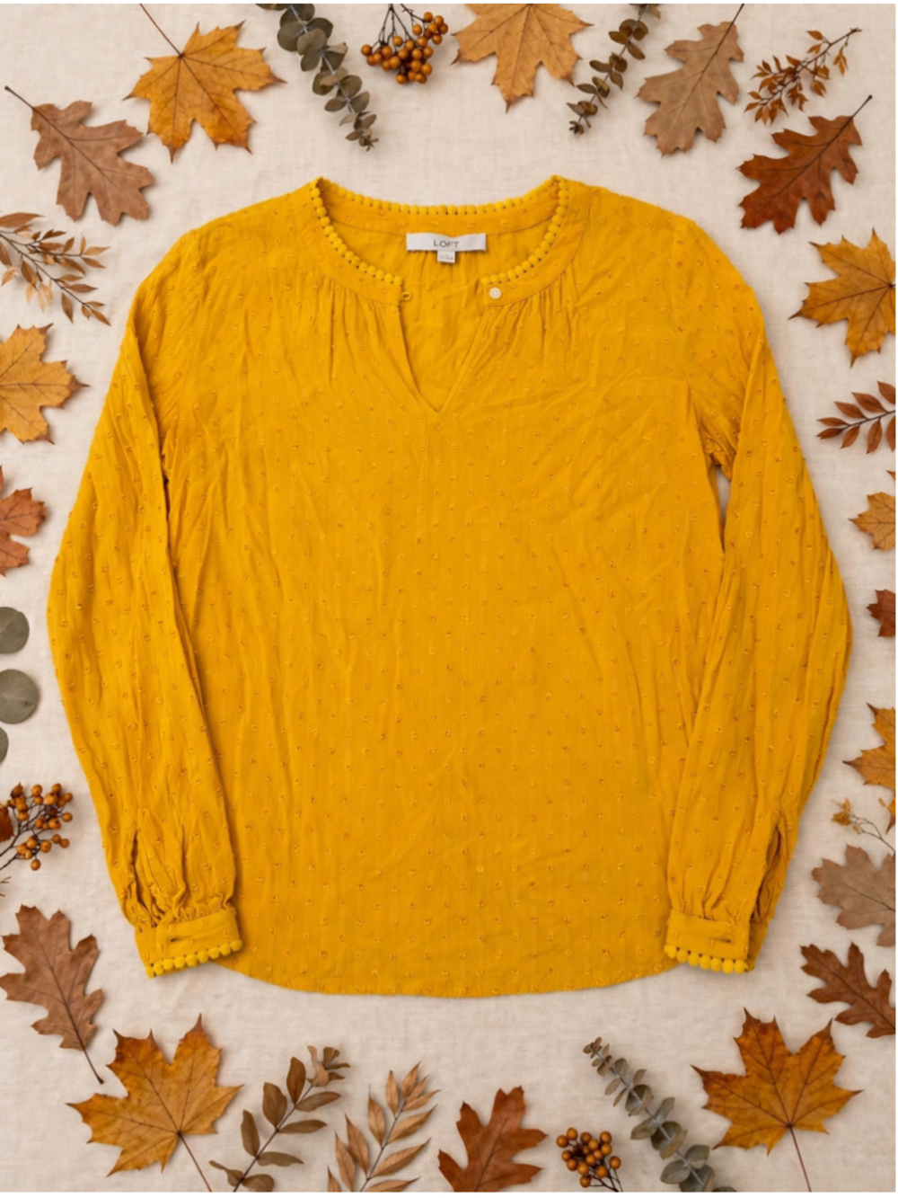 Women's LOFT Yellow Swiss Dot Pom Pom Trim Blouse Size S